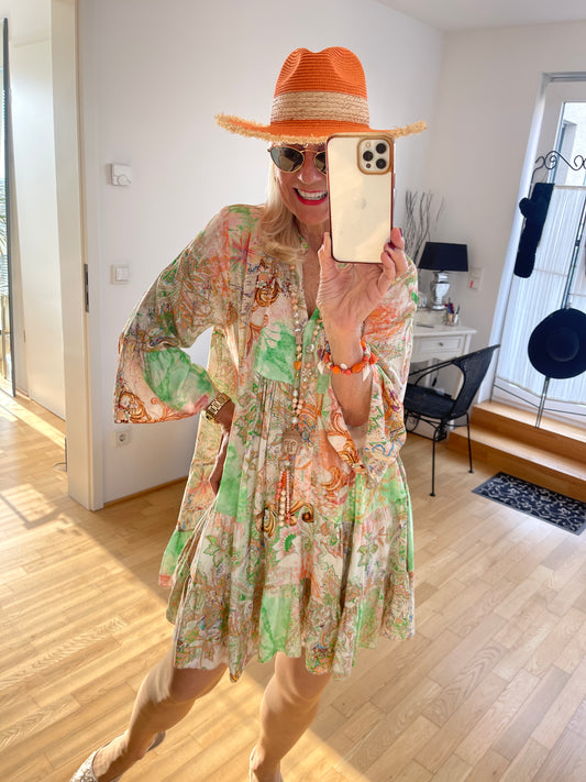 Tunika ANTONIA grün-orange €89,90; ein wunderschönes Tunikakleid in einer ausgefallenen Farbkombination